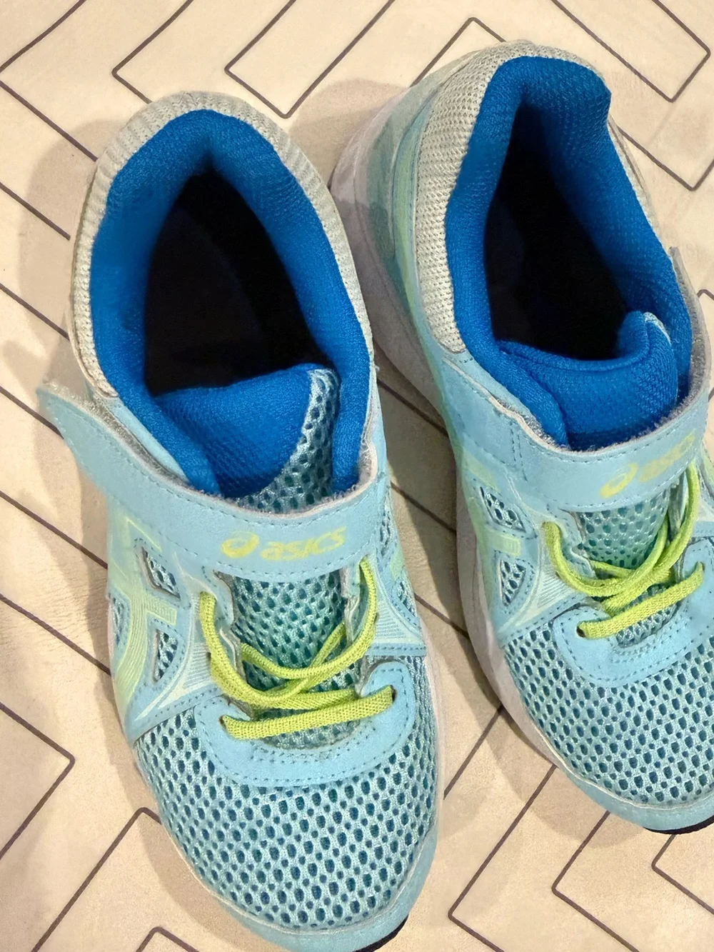 ASICS Kids' Light Blue Mesh Athletic Shoes with Lime Accents